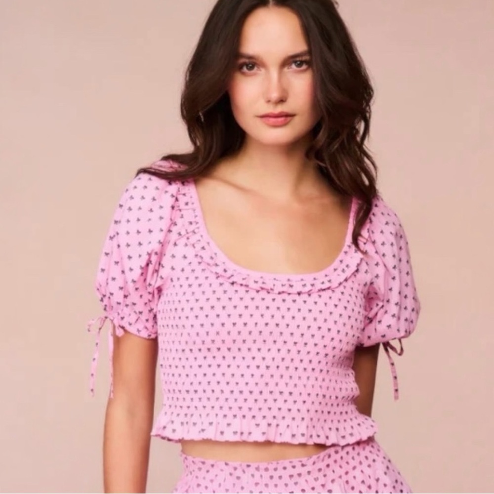 Loveshackfancy Molly Cotton Short Puff Sleeve Crop Top Pink with Black Bows NEW